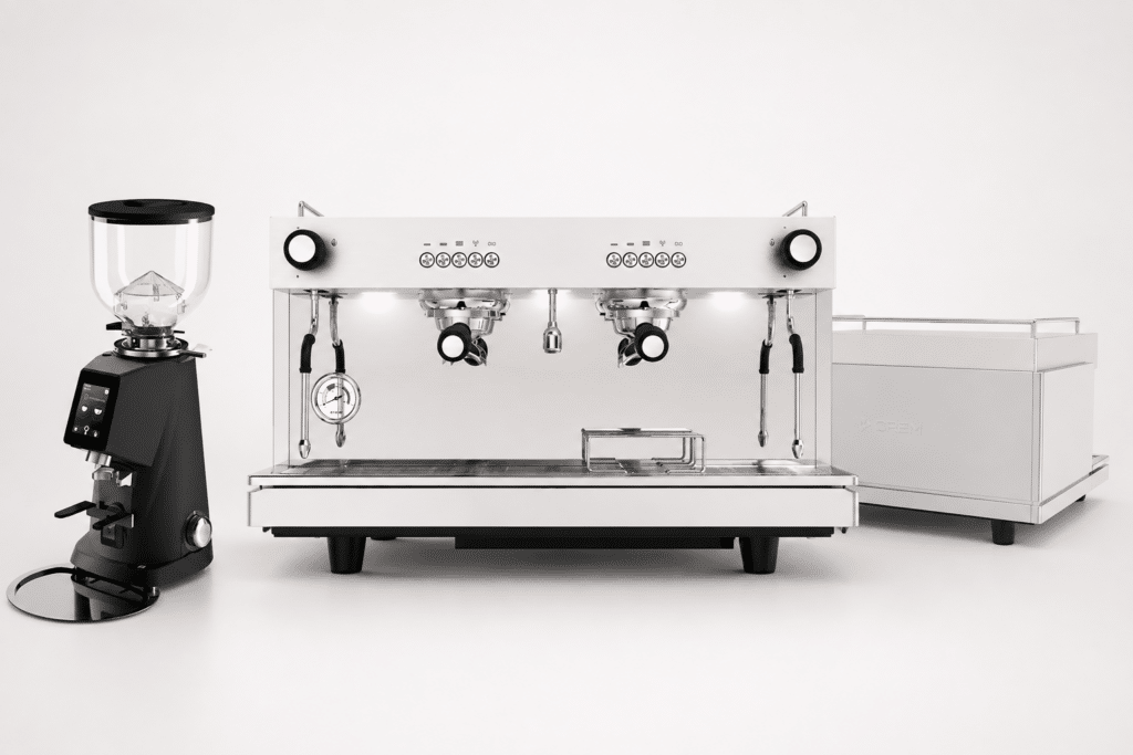 Crem EX2 two group espresso machine with grinder and water system